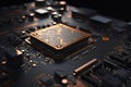Close Up shot of circuit cyberspace board with computer motherboard component microchip with chip structure - Generative AI