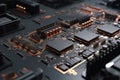 Close Up shot of circuit cyberspace board with computer motherboard component microchip with chip structure - Generative AI
