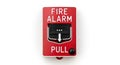 Bright red fire alarm pull station with clear pull instructions and safety functionality Royalty Free Stock Photo
