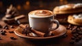 A close - up shot of a coffee cup with a frothy cappuccino on a distressed wooden table,.A close - up shot of a coffee cup with a Royalty Free Stock Photo