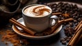 A close - up shot of a coffee cup with a frothy cappuccino on a distressed wooden table,.A close - up shot of a coffee cup with a Royalty Free Stock Photo