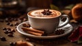 A close - up shot of a coffee cup with a frothy cappuccino on a distressed wooden table,.A close - up shot of a coffee cup with a