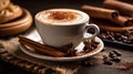 A close - up shot of a coffee cup with a frothy cappuccino on a distressed wooden table,.A close - up shot of a coffee cup with a