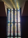 Close up shot of colorful paint window in the Boston Avenue United Methodist Church