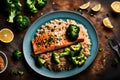 A close-up shot of a colorful plate of grilled salmon, accompanied by a side of steamed broccoli and quinoa, emphasizing the