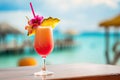 A close-up shot of a colorful tropical cocktail on a beachside bar