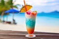 A close-up shot of a colorful tropical cocktail on a beachside bar