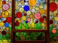 Close up shot of a colorful window in the wooden building of Philbrook Museum of Art Royalty Free Stock Photo