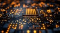 A close-up shot of a computer processor chip on a circuit board with glowing lights Royalty Free Stock Photo