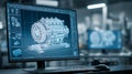 CAD Design Software Showing 3D Model of Engine on Computer Screen in Engineering Office AI generated. Royalty Free Stock Photo