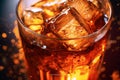 A close-up shot of condensation forming on an ice-cold glass of soda, highlighting the refreshing nature of the drink. Generative Royalty Free Stock Photo