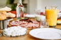 Close-up shot of continental breakfast table Royalty Free Stock Photo