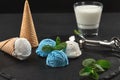 Close-up shot of a creamy and blueberry ice cream served on a dark slate, black background. Royalty Free Stock Photo