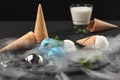 Close-up shot of a creamy and blueberry ice cream served on a dark slate, black background. Royalty Free Stock Photo