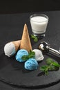 Close-up shot of a creamy and blueberry ice cream served on a dark slate, black background. Royalty Free Stock Photo