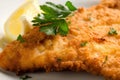 Close-up shot of a crispy fried catfish fillet with visible fork marks, served with a wedge of lemon and a sprig of parsley Royalty Free Stock Photo