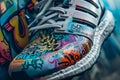 A close-up shot of a custom sneaker, featuring a colorful and intricate graffiti design. Generative AI