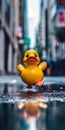 Close up shot of cute rubber yellow duck in the street generative AI