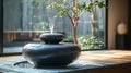 Zen stone water fountain with cascading water and green tree Image Royalty Free Stock Photo