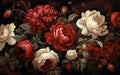 Close-up Shot of Dark Vintage Floral Wallpaper in Ruby. Generative AI