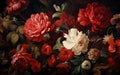 Close-up Shot of Dark Vintage Floral Wallpaper in Ruby. Generative AI