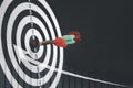 Close up shot of the dart arrow hit on bullseye, red dart arrow hitting in the target center of dartboard Target hit in the center Royalty Free Stock Photo