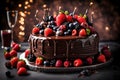 A close-up shot of a decadent chocolate birthday cake, layered with rich ganache and topped with a cascade of fresh berries