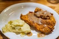 Close up shot of deep fried chicken steak with mashed potato Royalty Free Stock Photo