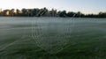 Intricate dew-covered spiderweb glistens in misty morning field landscape. Royalty Free Stock Photo