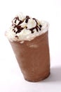 Close up shot of delicious creamy chocolate cold milkshake with whipped cream on top