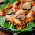 close up shot of a delicious gourmet slice of lasagna bolognese on a wooden board Royalty Free Stock Photo