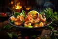 Close-up shot of delicious grilled shrimps served with fresh green salad and a flavorful sauce Royalty Free Stock Photo