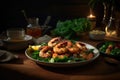 Close-up shot of delicious grilled shrimps served with fresh green salad and a flavorful sauce Royalty Free Stock Photo