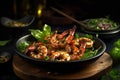 Close-up shot of delicious grilled shrimps served with fresh green salad and a flavorful sauce Royalty Free Stock Photo