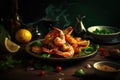 Close-up shot of delicious grilled shrimps served with fresh green salad and a flavorful sauce Royalty Free Stock Photo