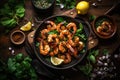 Close-up shot of delicious grilled shrimps served with fresh green salad and a flavorful sauce Royalty Free Stock Photo