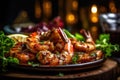 Close-up shot of delicious grilled shrimps served with fresh green salad and a flavorful sauce Royalty Free Stock Photo