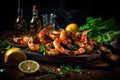 Close-up shot of delicious grilled shrimps served with fresh green salad and a flavorful sauce Royalty Free Stock Photo