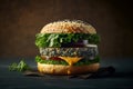 A close-up shot of a delicious vegan burger with copy space for text or advertisement. Generative AI