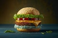 A close-up shot of a delicious vegan burger with copy space for text or advertisement. Generative AI