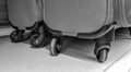 Close up shot detail of travel suitcase wheels Black and white style