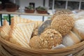 Close-up shot of different breads in a wicker basket. Royalty Free Stock Photo