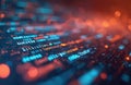 Close-up shot of digital screen with blue programming code, red lights and bokeh. Abstract image shows software source data,