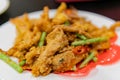 Close up shot of a dish of deep fried pork meat with salted duck egg and vegetable Royalty Free Stock Photo