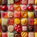 Close-up Seamless pattern assortment candies top view. Chocolates, gummies, sugar sweets Royalty Free Stock Photo