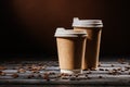 close-up shot of disposable cups on rustic wooden table spilled