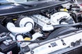 Close-up shot of engine bay photo of a Dodge cummins.