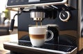 Close-up shot of espresso pouring from a coffee machine into a cup of coffee. Professional coffee preparation Royalty Free Stock Photo