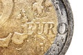 Close up shot of Euro text on 2 Euro coin Royalty Free Stock Photo