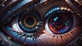 Close up shot with fantasy art style two mesmerizing eyes coexist within a single eye, creating an otherworldly sight.